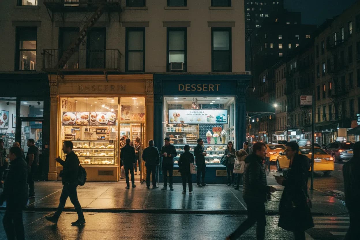 Realistic city scene for olivia ponton: The NYC Dessert Stop Decision Guide