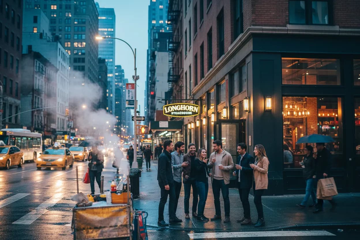Realistic NYC scene for NYC LongHorn Steakhouse Near Me for Group Dinners
