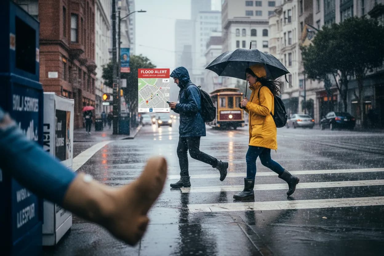 Practical city scene for San Francisco Flash Flood Warning Guide for Commuters and Visitors