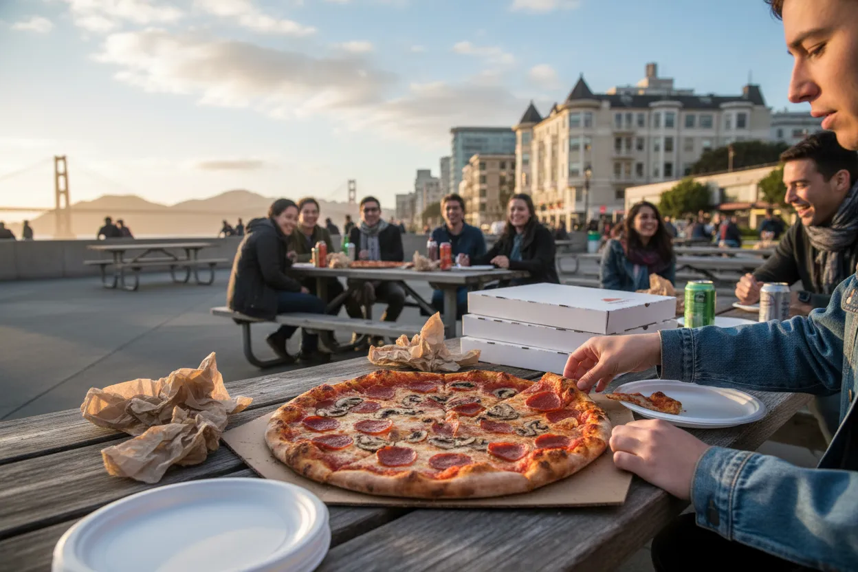 Realistic San Francisco scene for SF Pizza Near Me for Group Delivery Nights