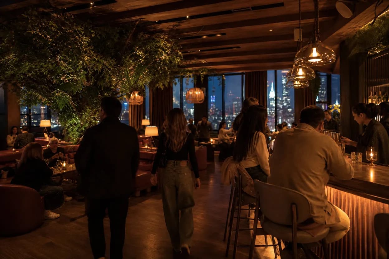 NYC experience scene for The DL Retractable Rooftop for a Rain-Threat Birthday Night Downtown