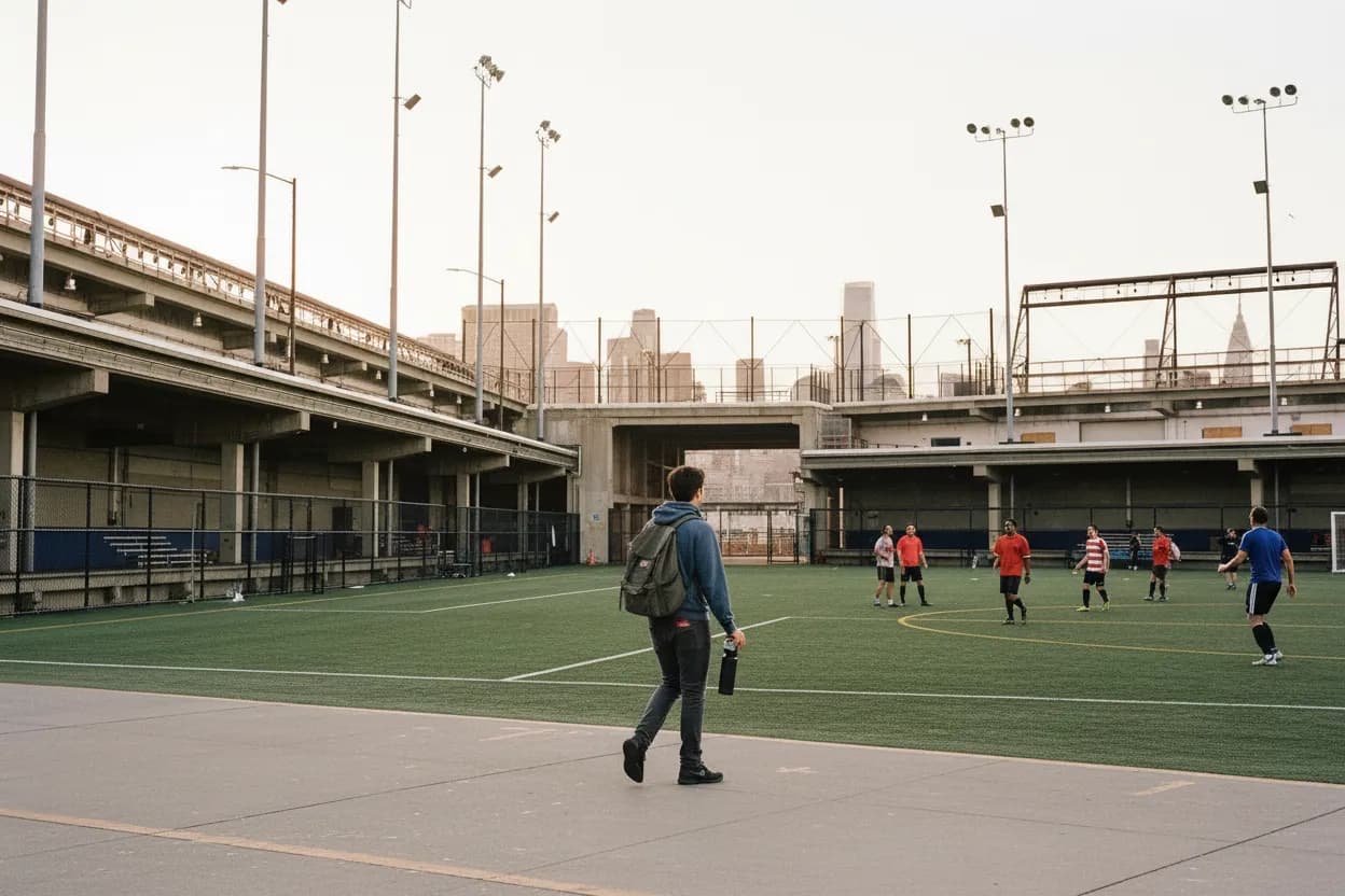 NYC experience scene for Pier 40 Rooftop Soccer: A Sunset Pickup Test for Mixed-Skill Friends