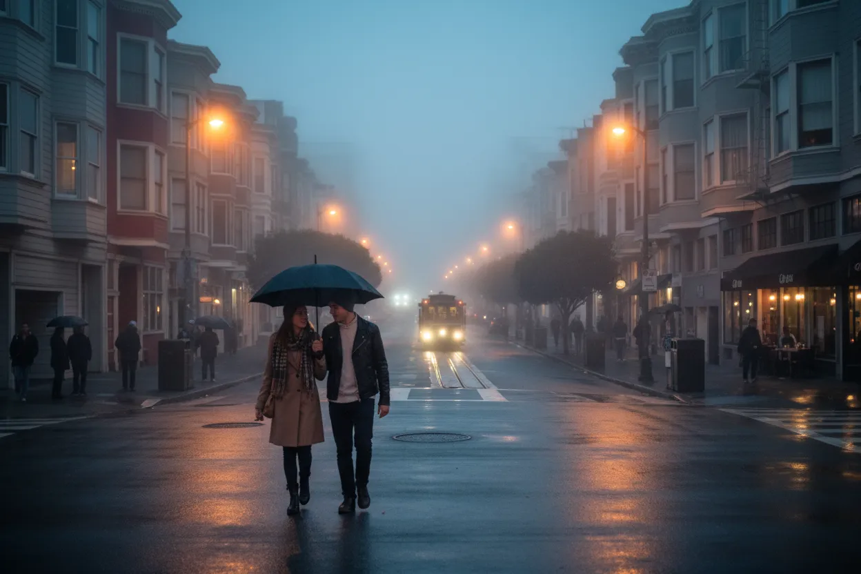 Realistic San Francisco scene for SF Dinner Near Me for Foggy Date Nights