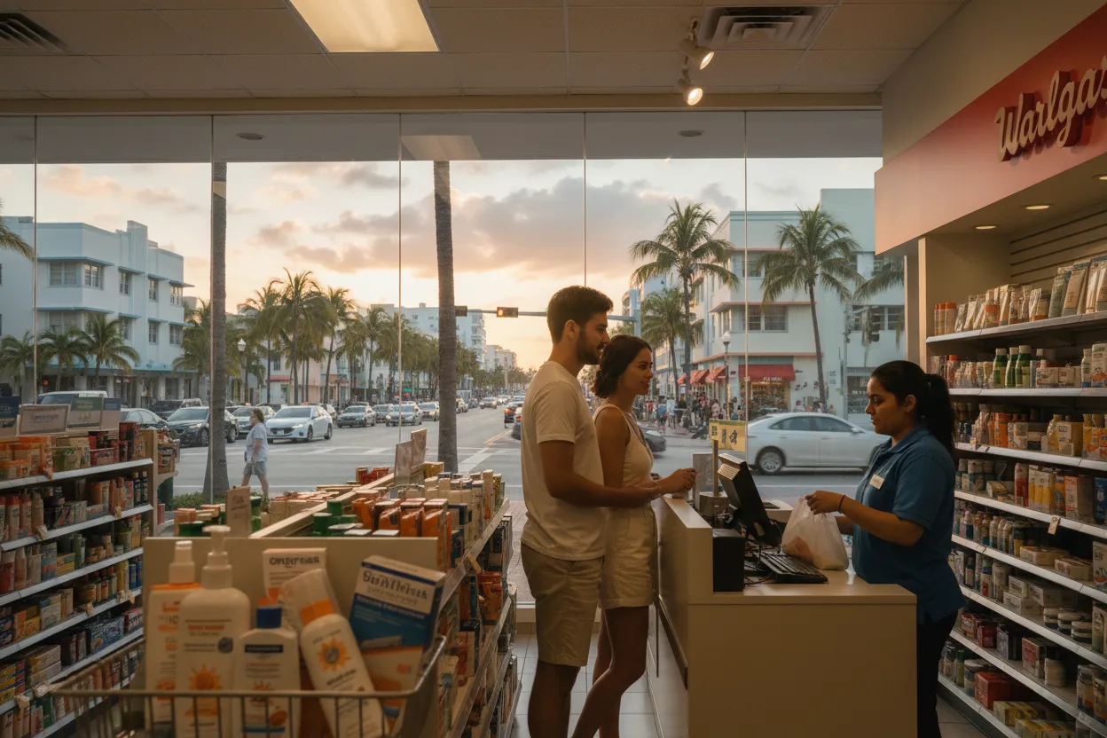 Realistic Miami scene for Miami Walgreens Near Me for Sunscreen and Pharmacy Runs