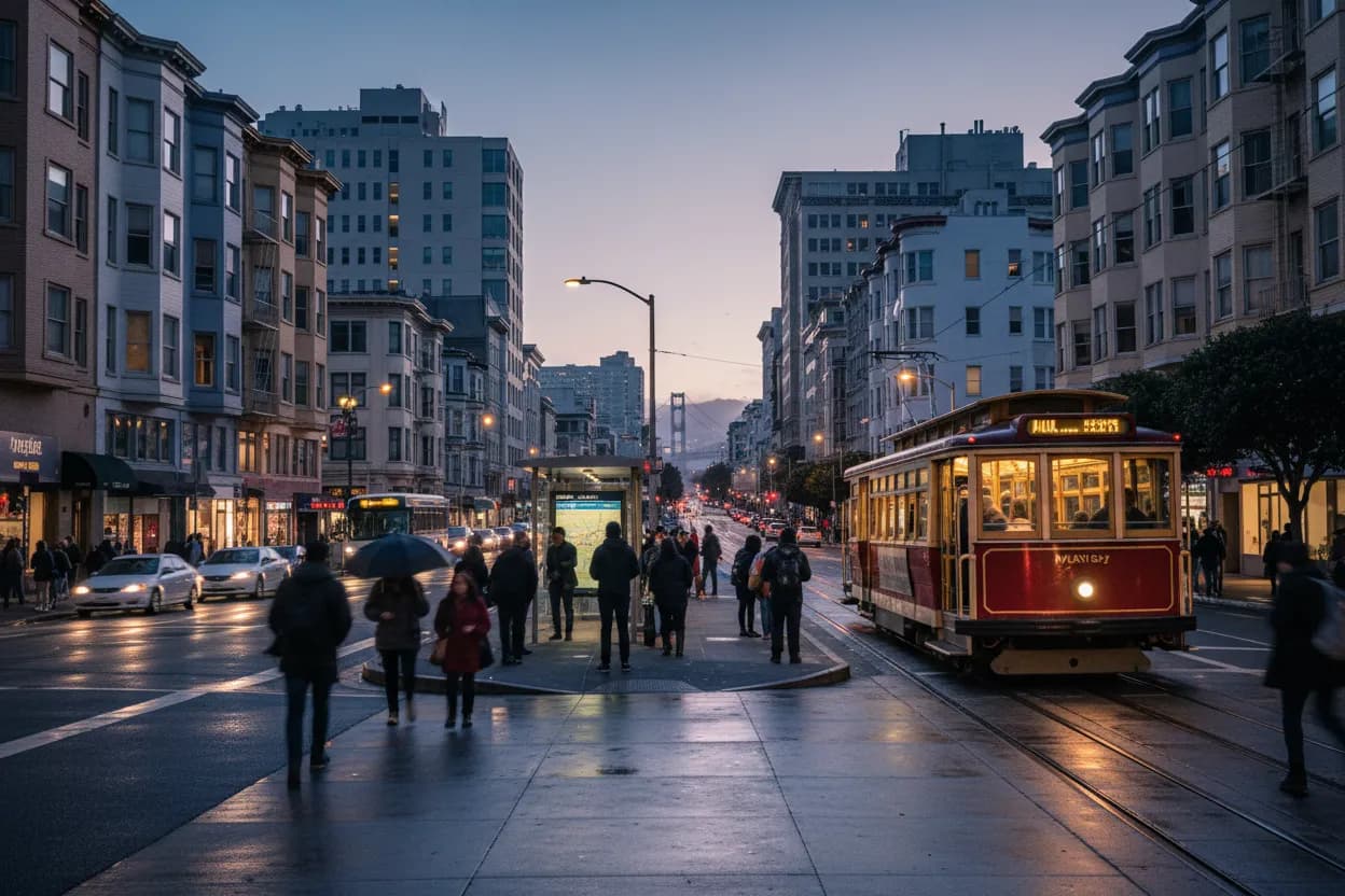 Realistic city scene for project anchor: A San Francisco Dinner Route With Backups