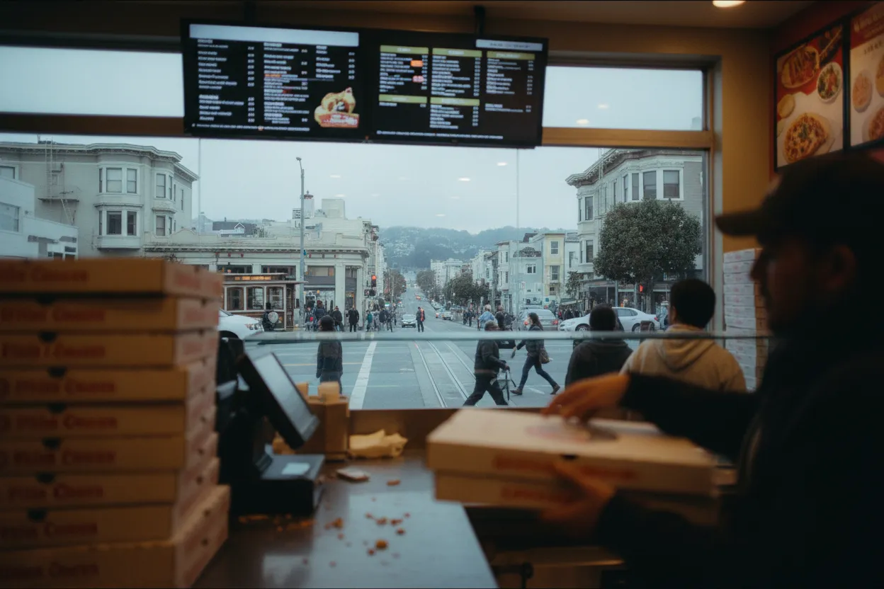 Realistic San Francisco scene for SF Little Caesars Near Me for Budget Pizza Runs