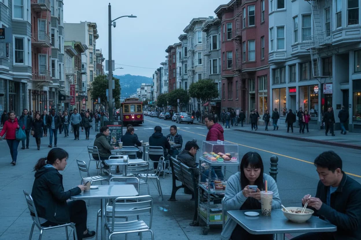 Realistic San Francisco scene for SF Vietnamese Food Guide for Noodles, Coffee, and Bowls