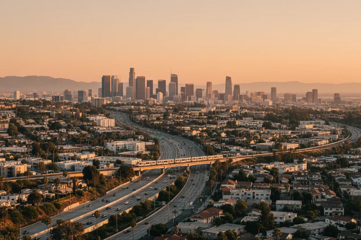 Realistic city scene for newsweek: A Transit-Smart Los Angeles Area Guide