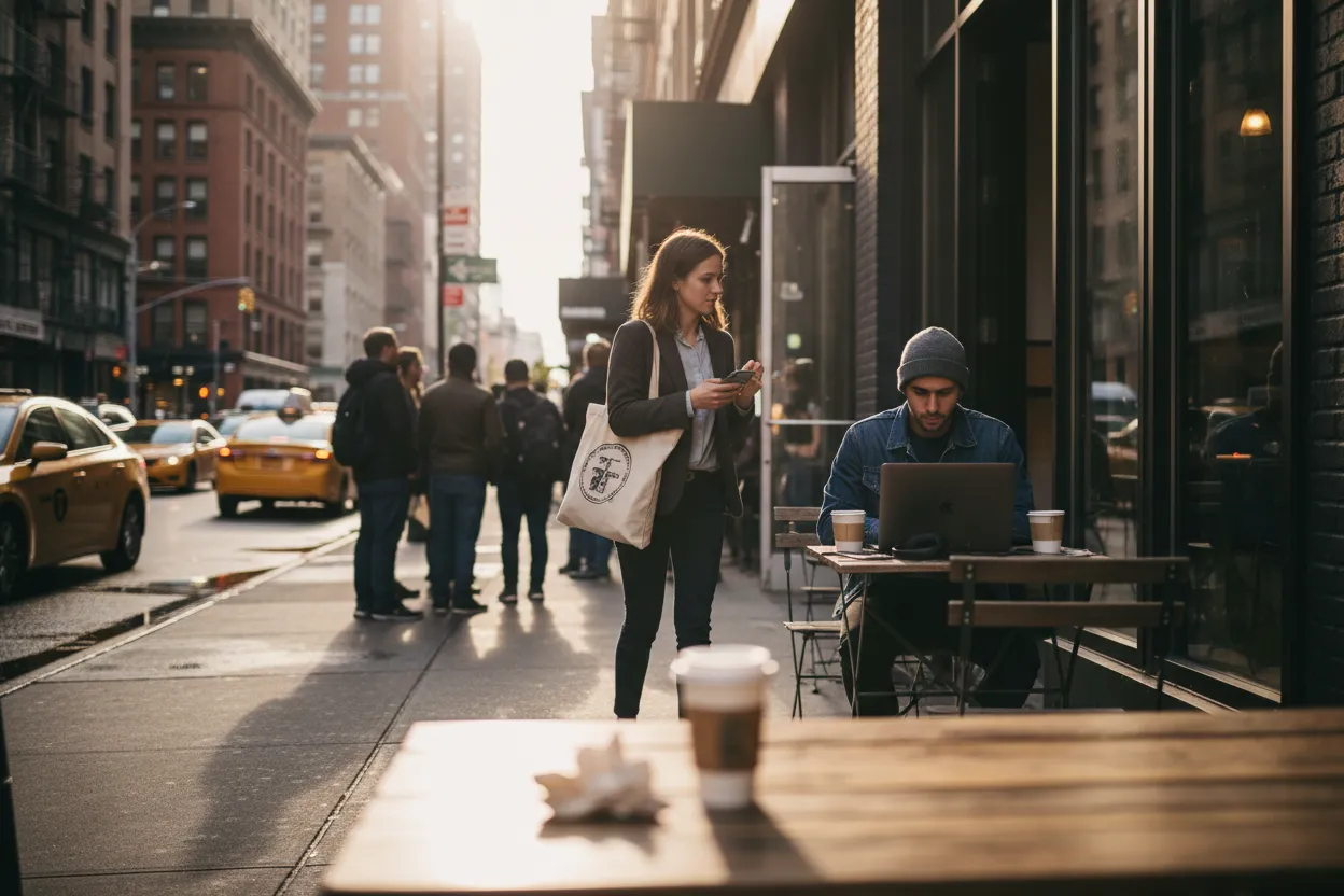 Practical city scene for NYC Starbucks Near Me for Work, Wi-Fi, and Coffee