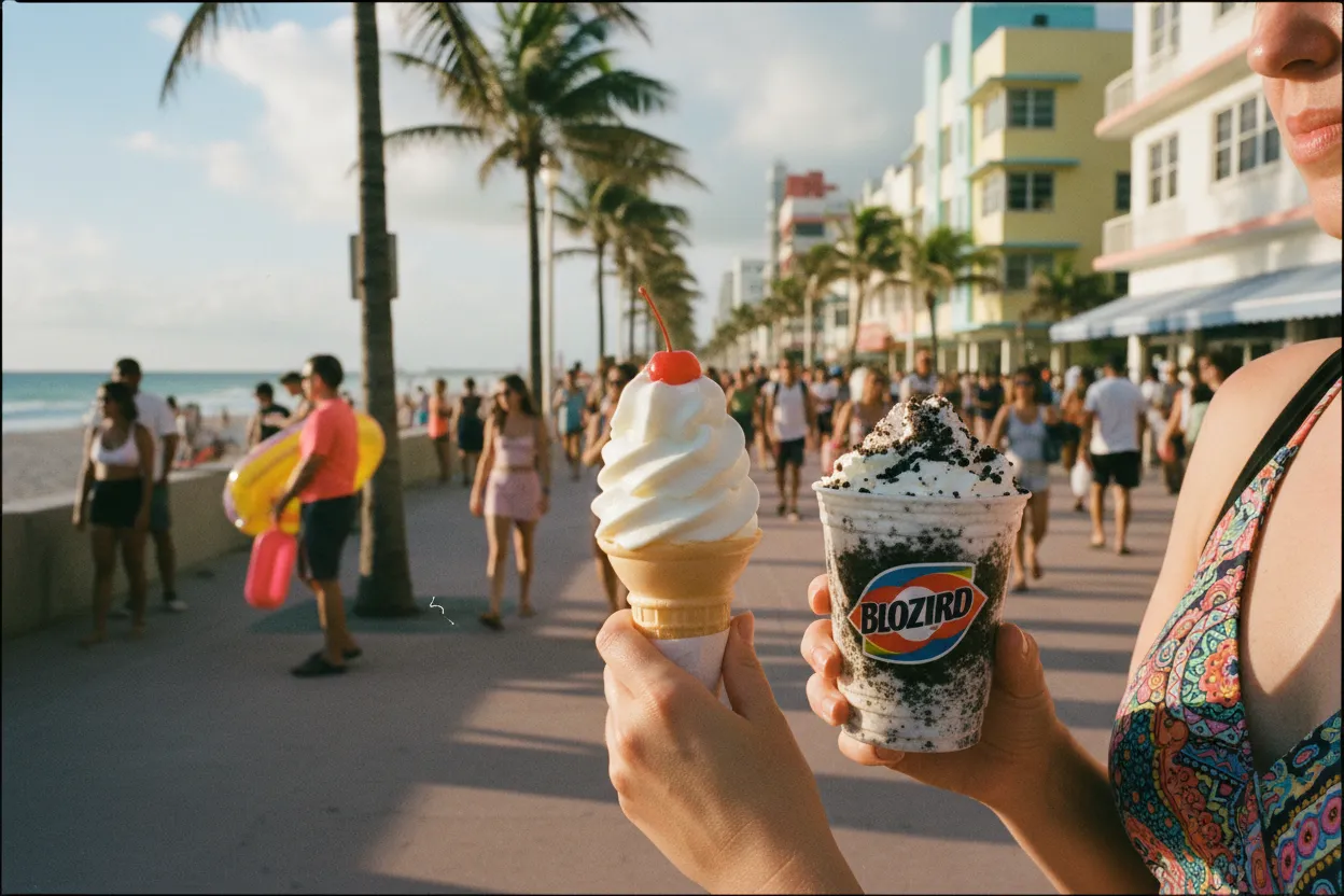 Realistic Miami scene for Miami Dairy Queen Near Me for Post-Beach Treats