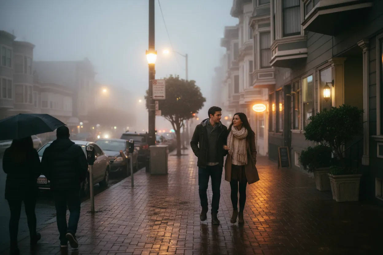 Practical city scene for SF Dinner Near Me for Foggy Date Nights