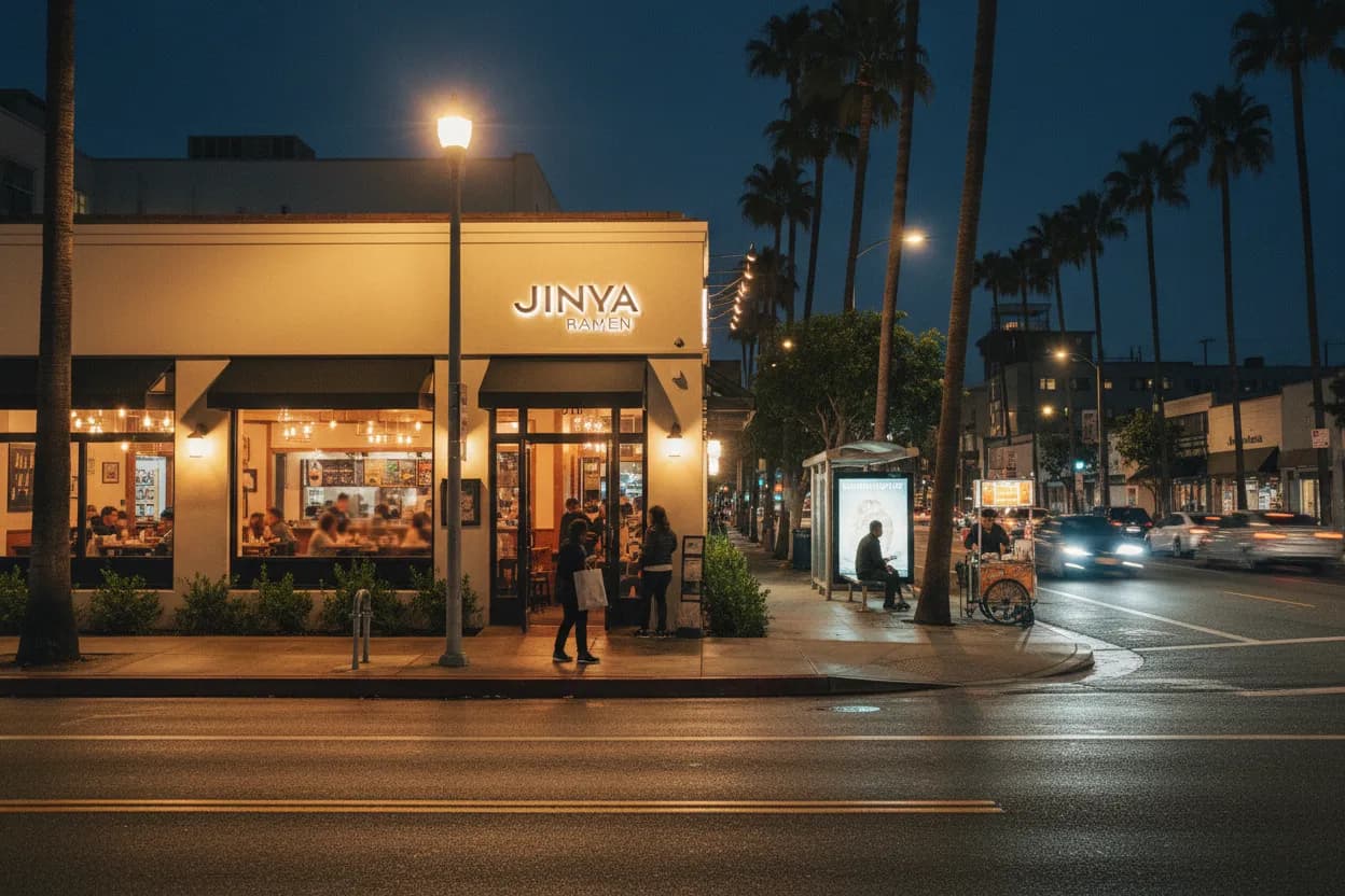Realistic Los Angeles scene for LA Jinya Ramen Near Me for Late Comfort Bowls