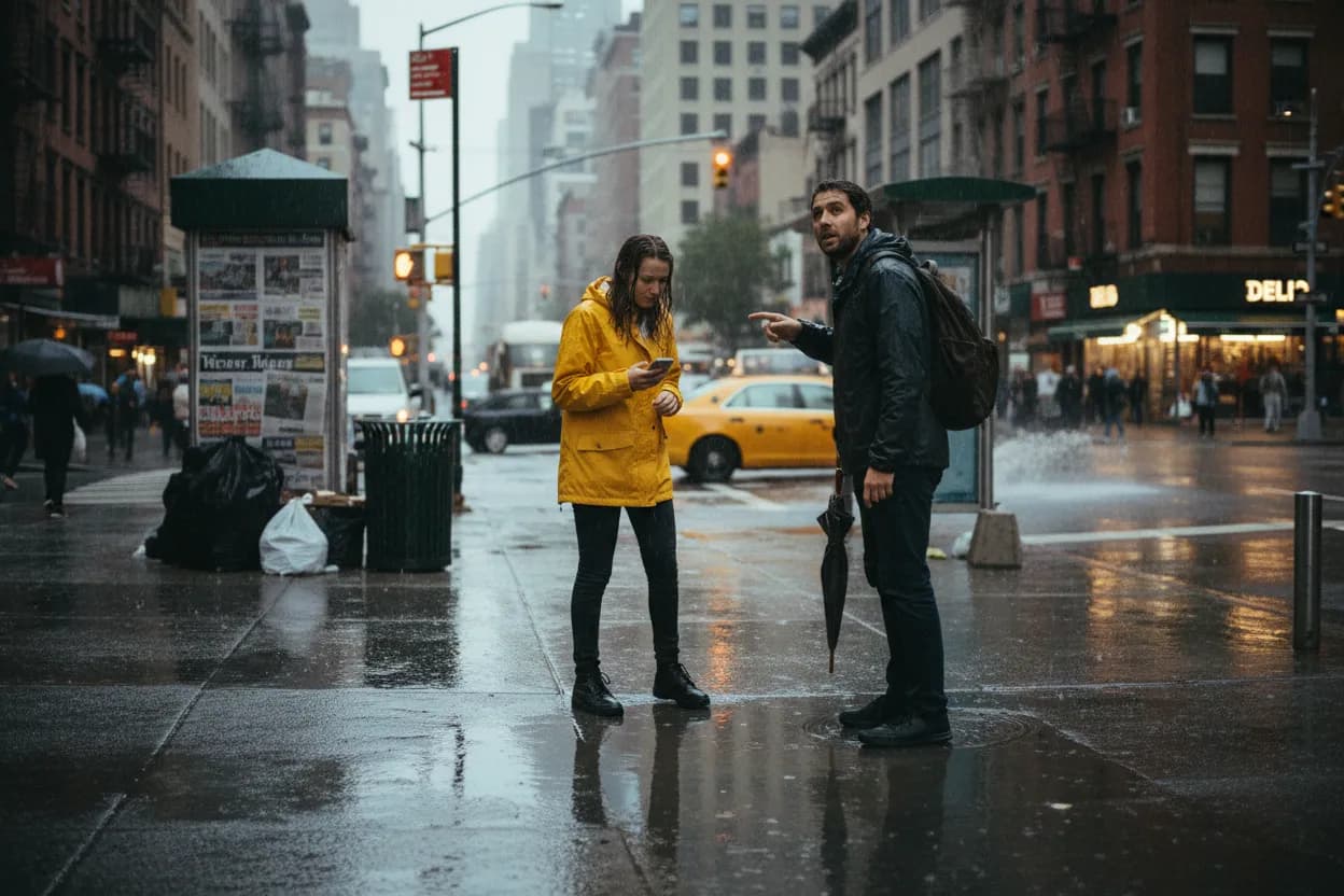 Practical city scene for NYC Flash Flood Warning Guide for Commuters and Visitors