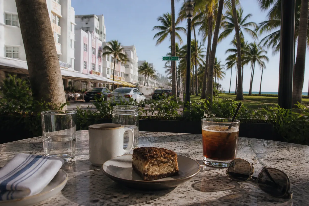 Realistic city scene for tom segura: Where Miami Can Take a Focused Coffee Break