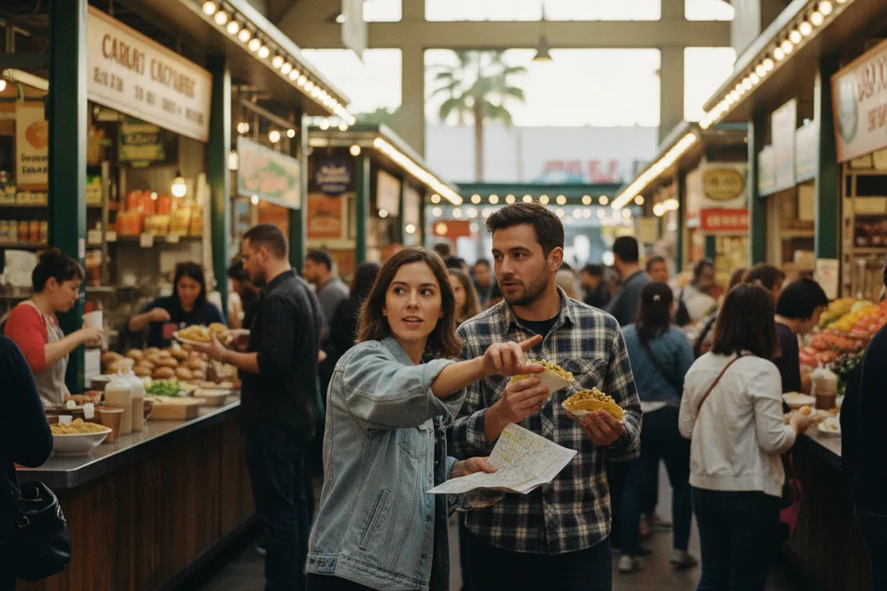 Practical city scene for Bobby Flay: Los Angeles Food Halls for Curious Diners