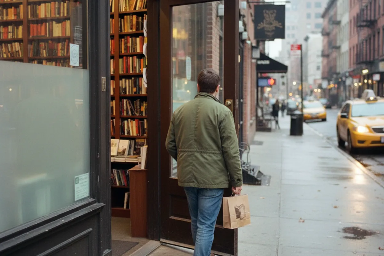 NYC experience scene for Mysterious Bookshop Stop Before a Rainy Tribeca Dinner Plan Hardens