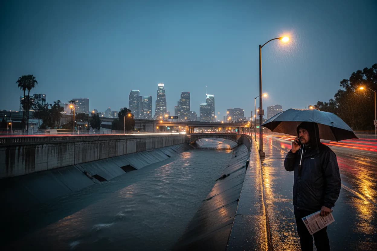 Realistic Los Angeles scene for LA Flash Flood Warning Guide for Commuters and Drivers