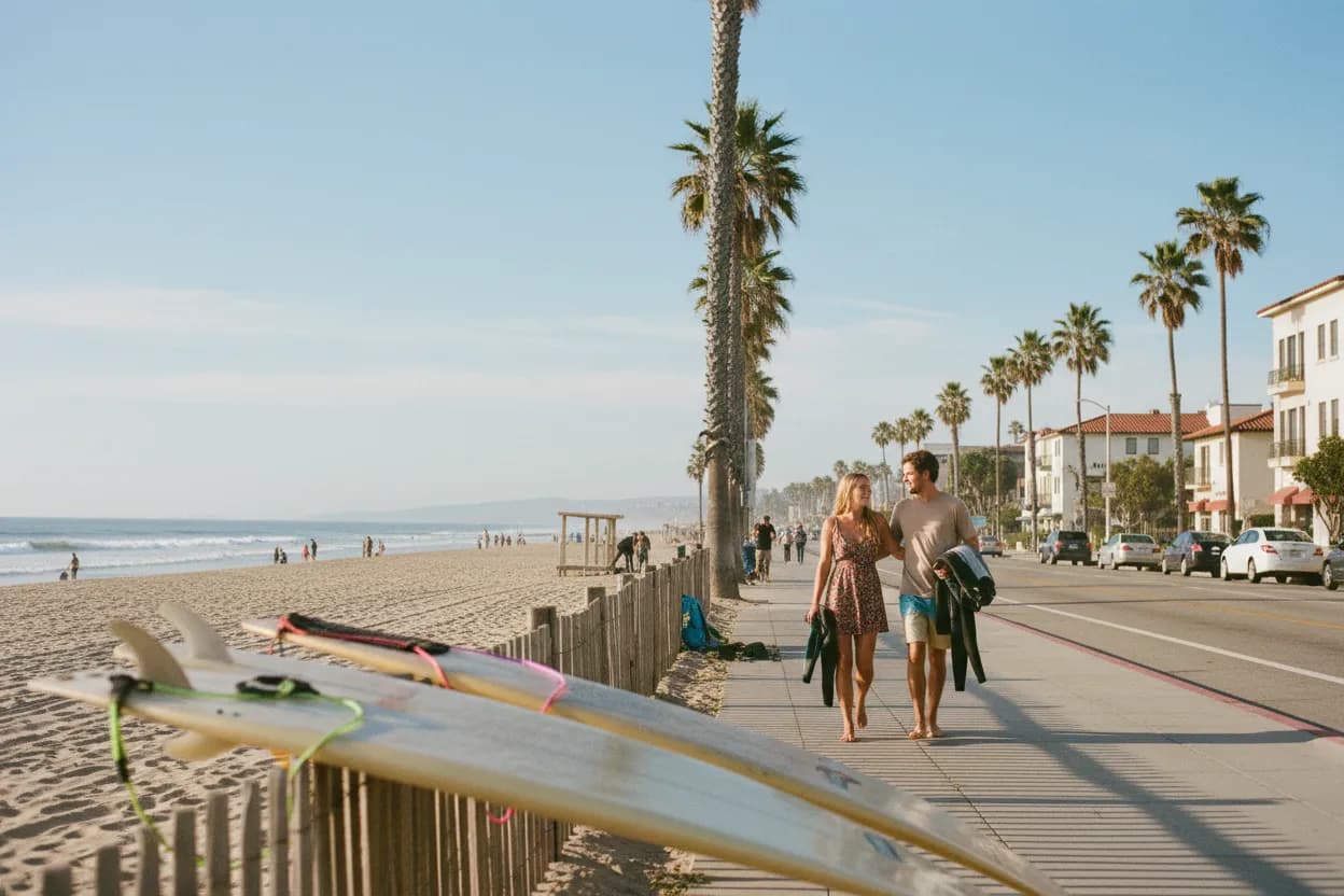 Practical city scene for LA Best Places to Surf Guide for Beginner Beach Days