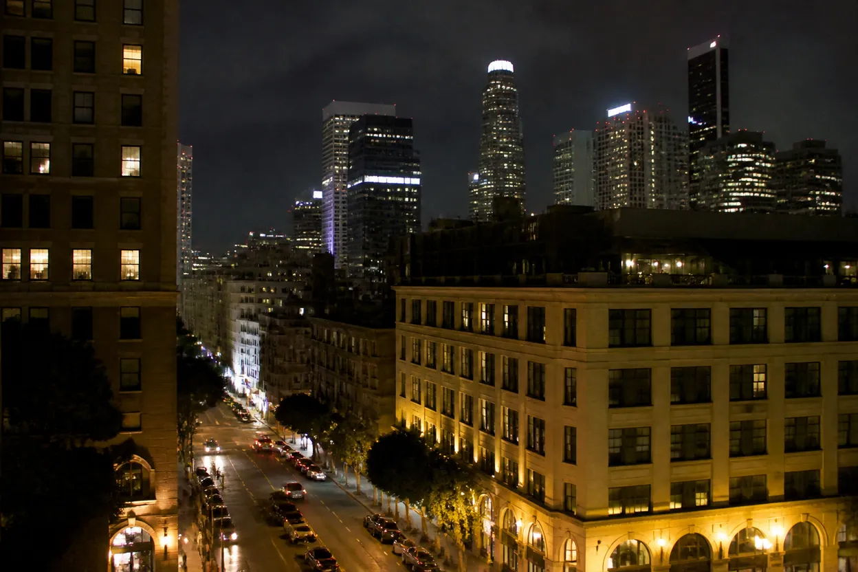 Realistic city scene for nico parker: A Two-Stop Los Angeles Nightlife Route