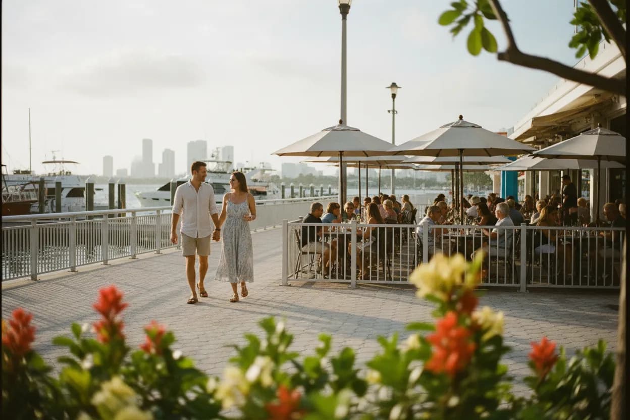 Practical city scene for Miami Seafood Near Me for Casual Waterfront Meals