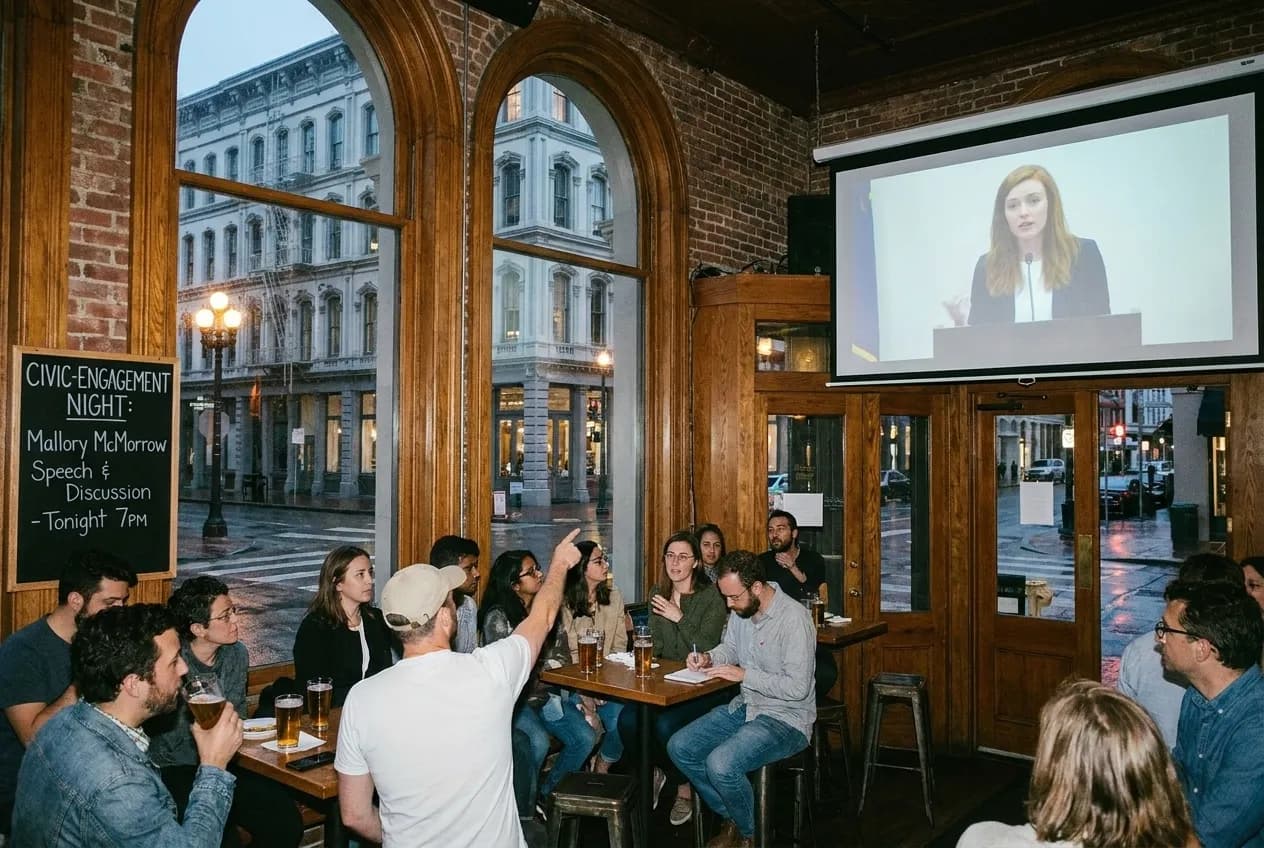 Cover for Mallory McMorrow Viral Speech: SF Bars With Civic-Engagement Screening Nights in San Francisco