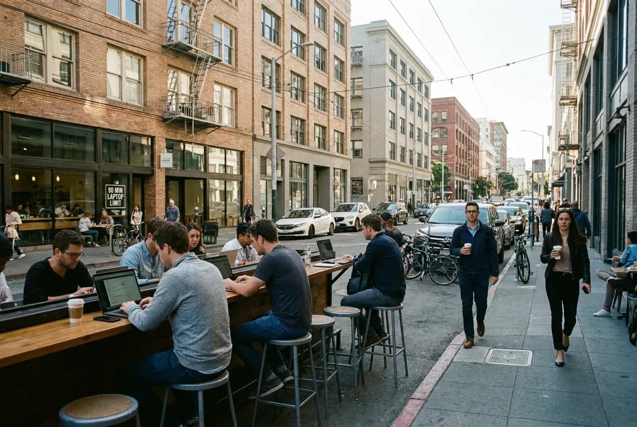 Local scene for Palantir Earnings Discussion: SF Coffee Shops Near Tech Worker Lunch Routes in San Francisco