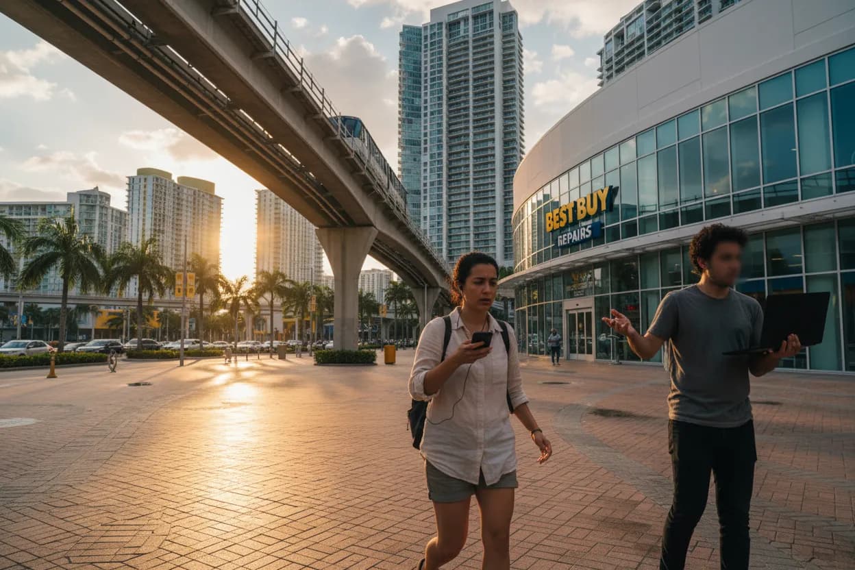 Practical city scene for Miami Best Buy Near Me for Travel Tech Fixes