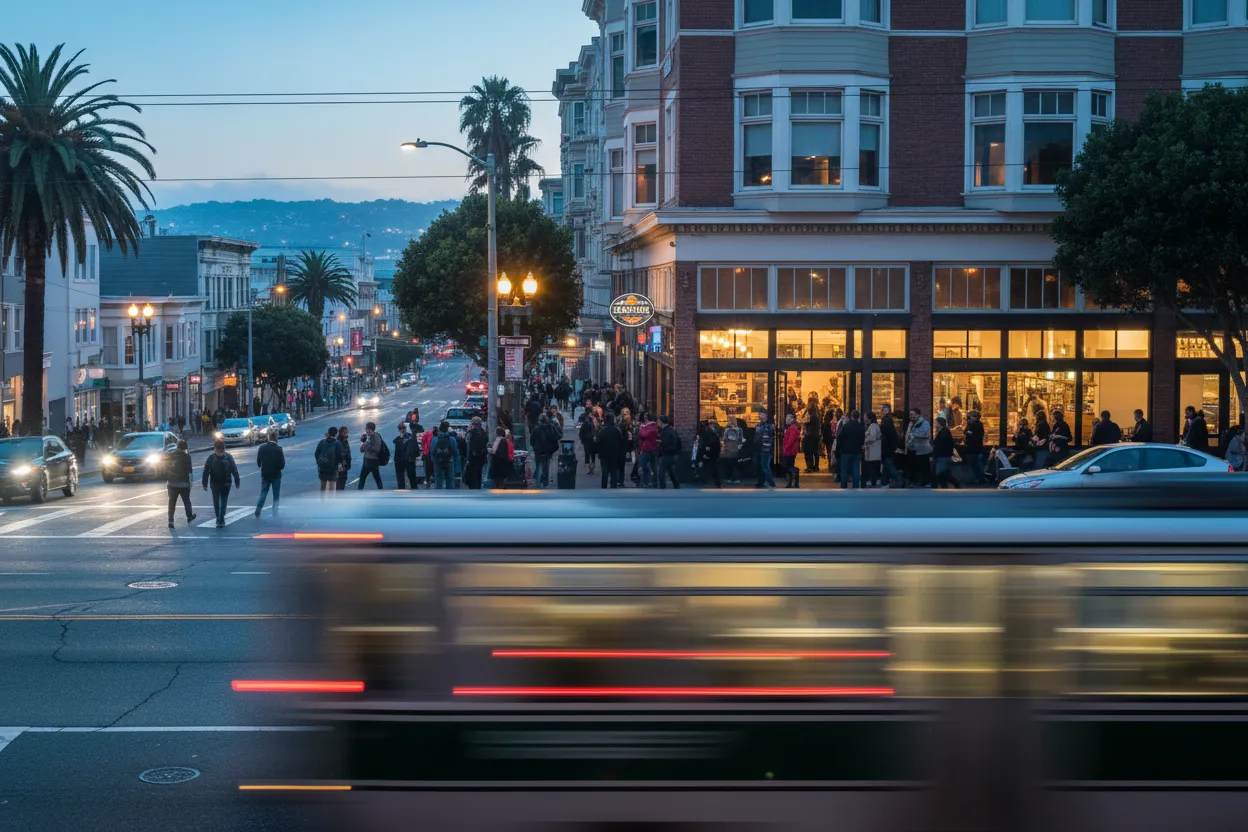 Realistic San Francisco scene for SF Chipotle Near Me for Quick Pre-Meeting Bowls