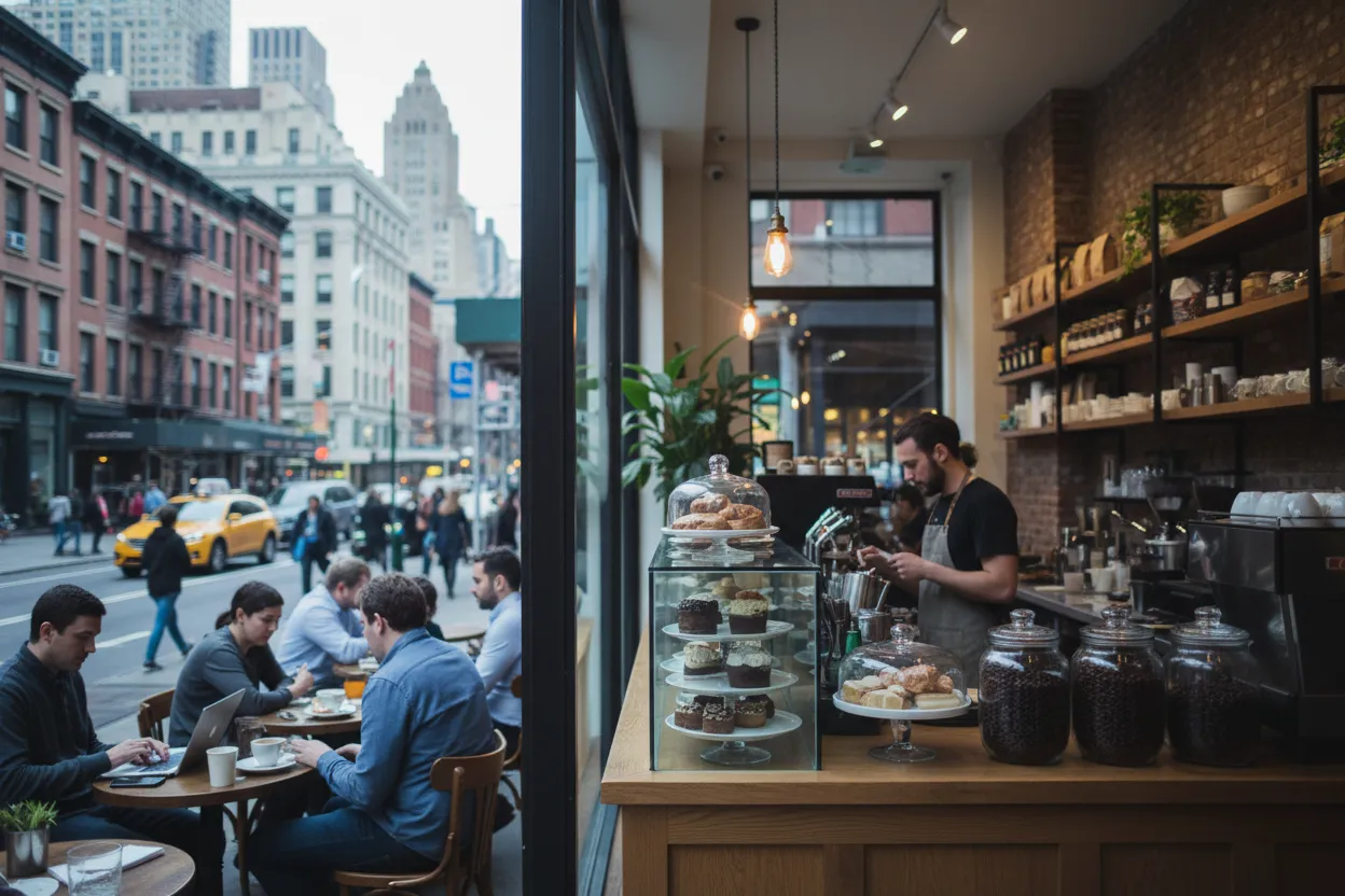 Realistic city scene for mark ruffalo: A Short NYC Cafe Route With Backups