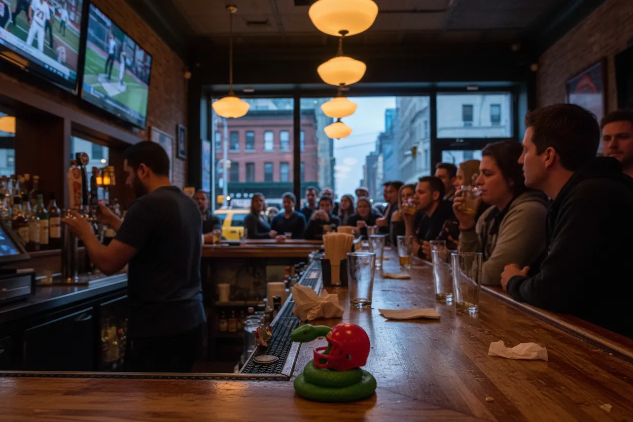 Realistic city scene for snake in football helmet: Where NYC Fans Can Watch Together