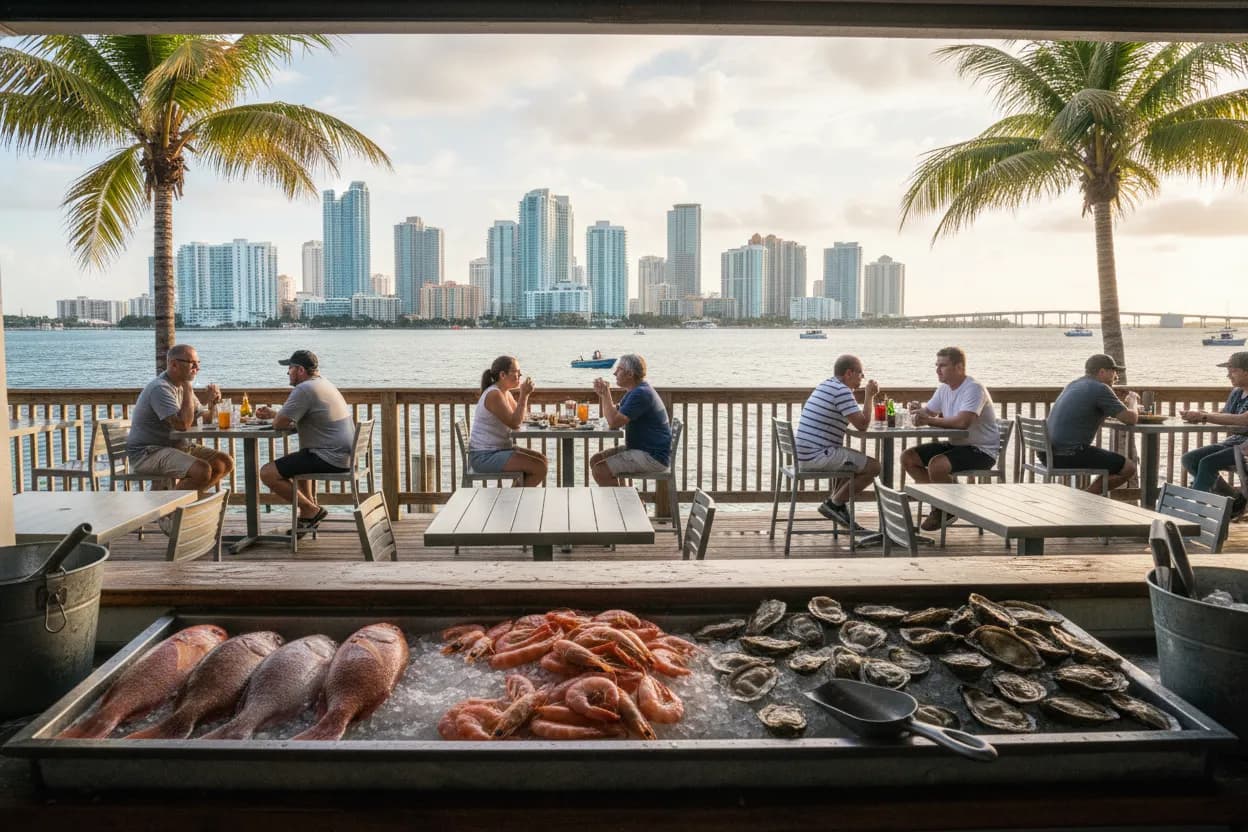 Realistic Miami scene for Miami Seafood Near Me for Casual Waterfront Meals