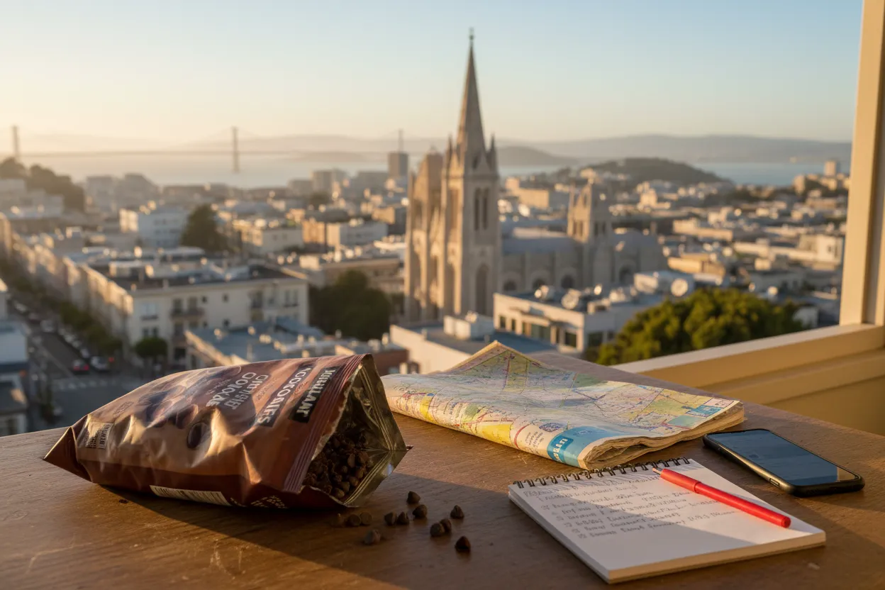 Realistic city scene for kirkland chocolate chips: The San Francisco Source-Checking Route