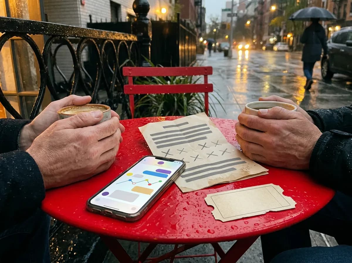 Two friends at a rainy city cafe table use an abstract message thread to turn a crossed-out itinerary into a flexible local plan