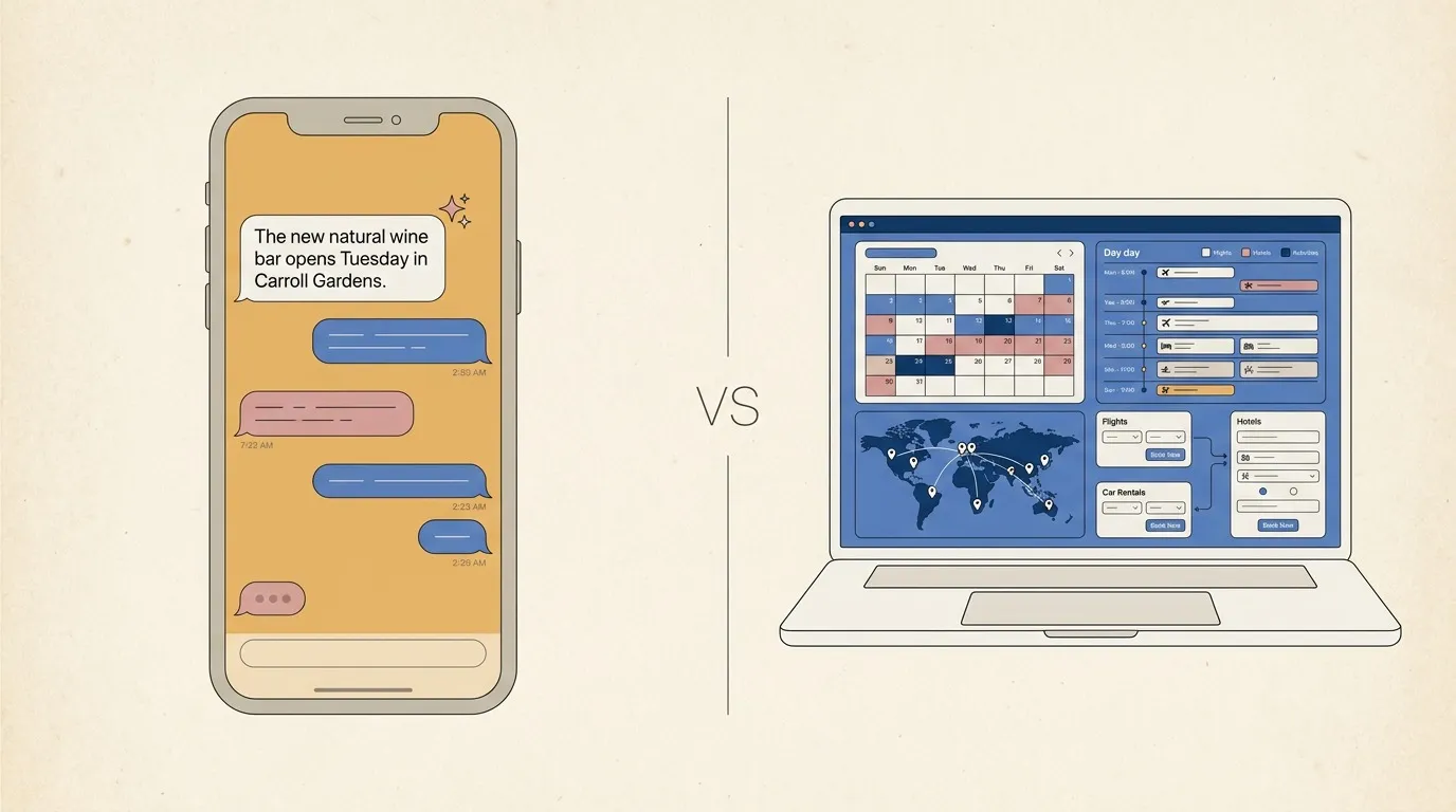 Side-by-side comparison: Karpo running in iMessage on iPhone next to Mindtrip on a web browser — two AI travel tools, two different jobs