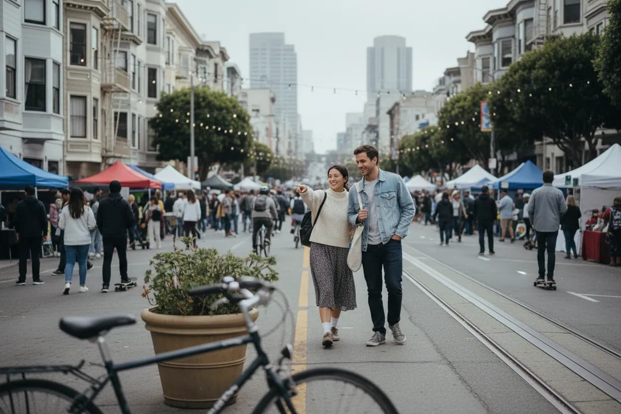 Practical city scene for SF Free Events Near Me for Car-Free Weekends