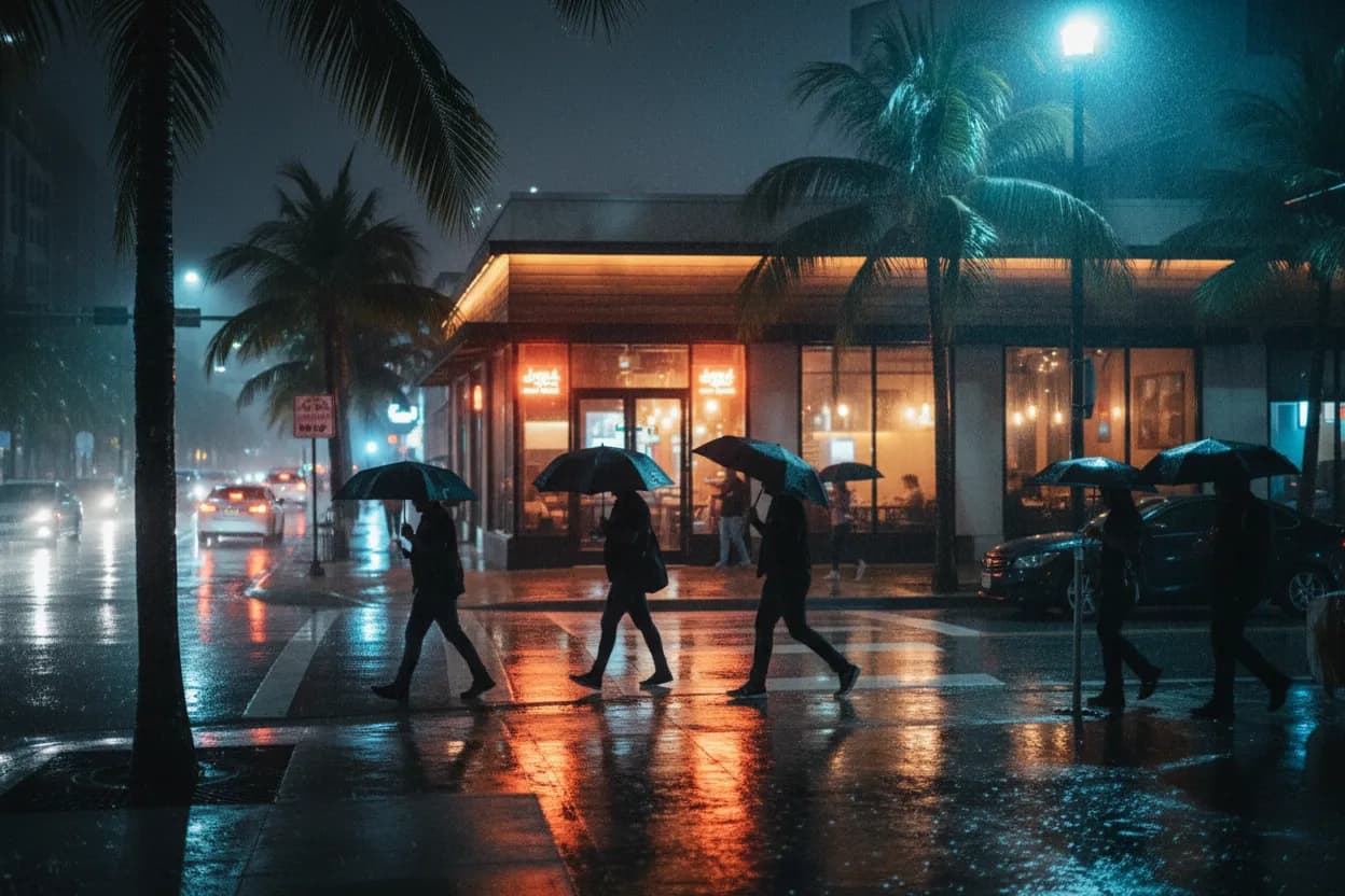 Realistic Miami scene for Miami Jinya Ramen Near Me for Rainy Evenings