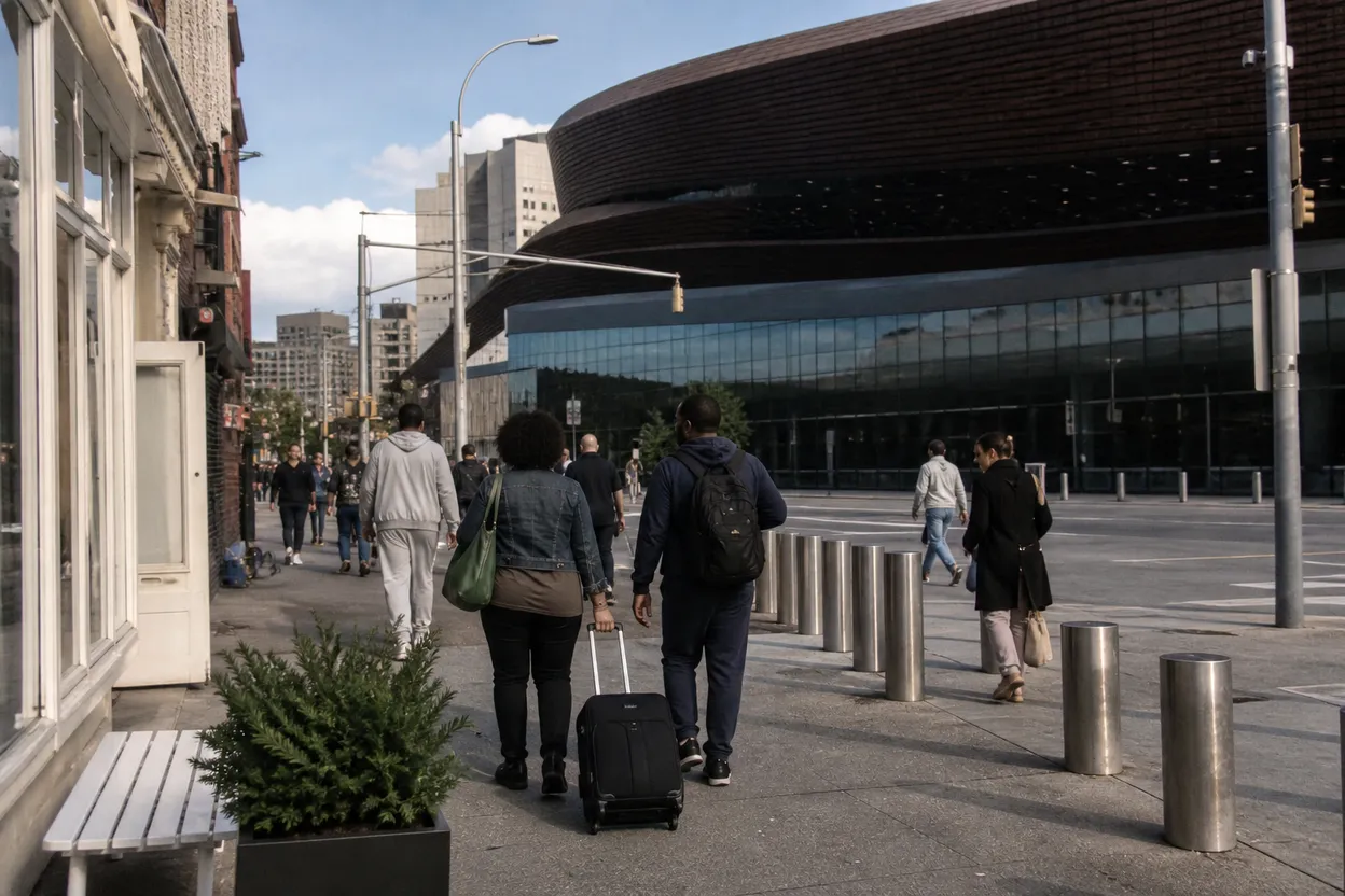 New York City experience scene for sparks vs lynx in NYC: Barclays transit and late-night food