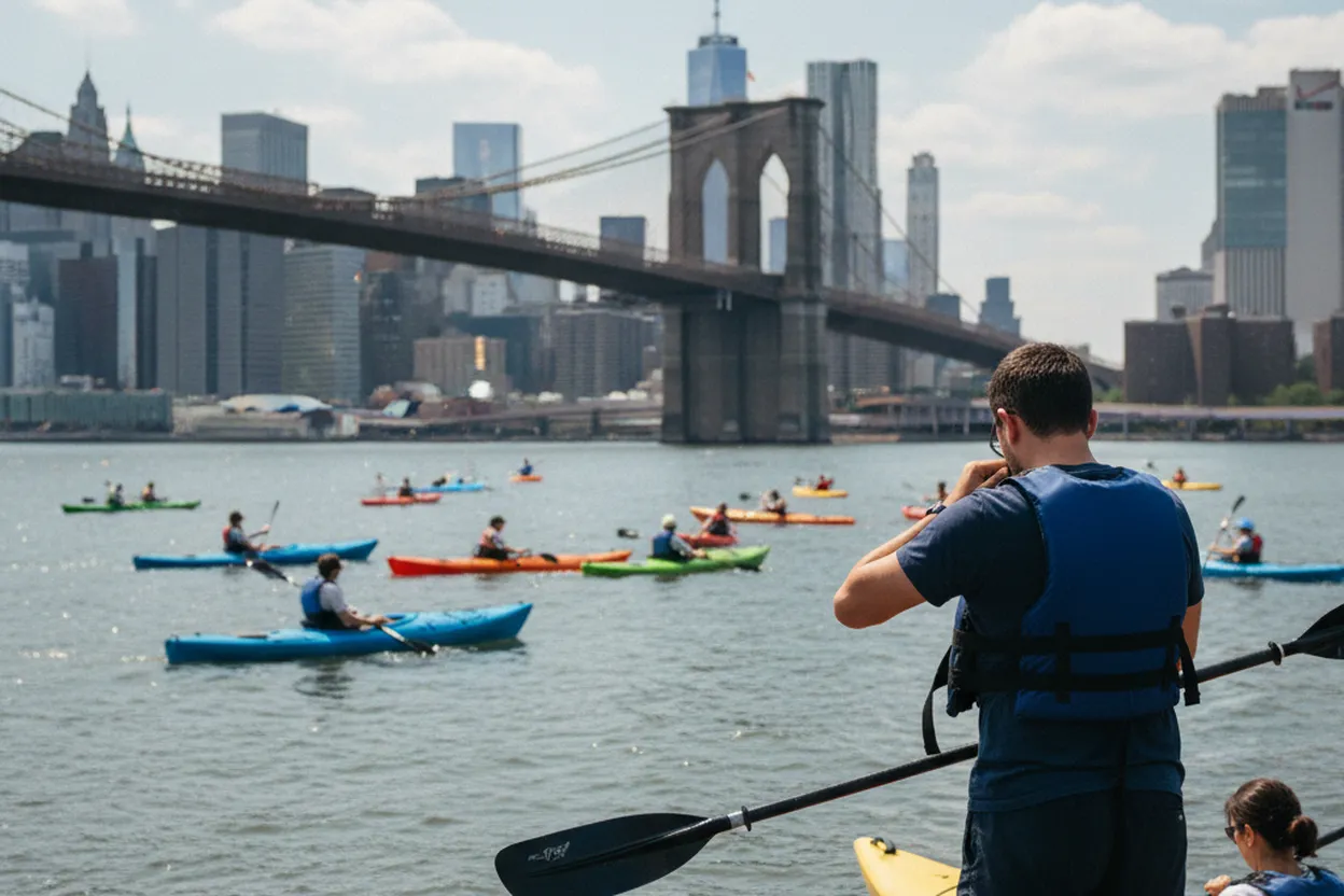 NYC experience scene for Brooklyn Bridge Park Conservancy Kayak Wait Test for Careful Beginners