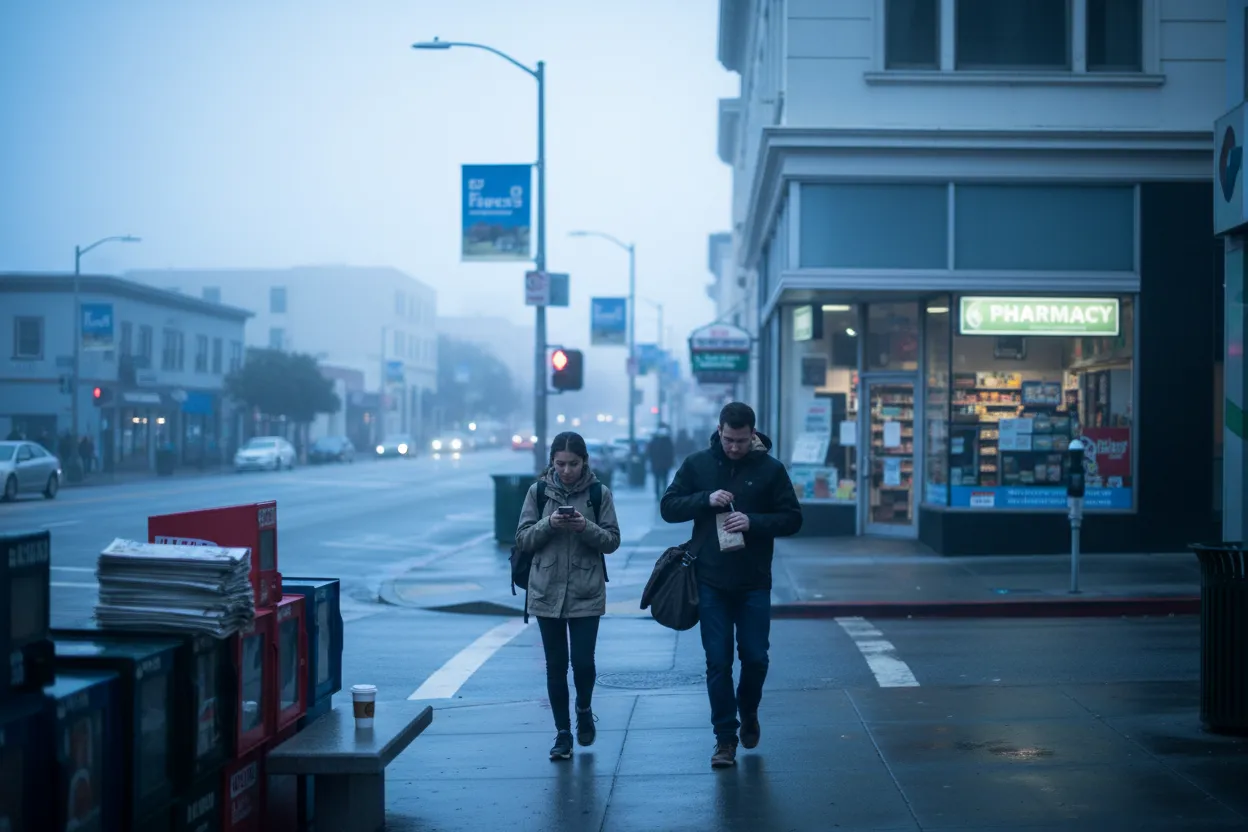 Practical city scene for San Francisco Walgreens Guide for Travel Essentials and Snacks
