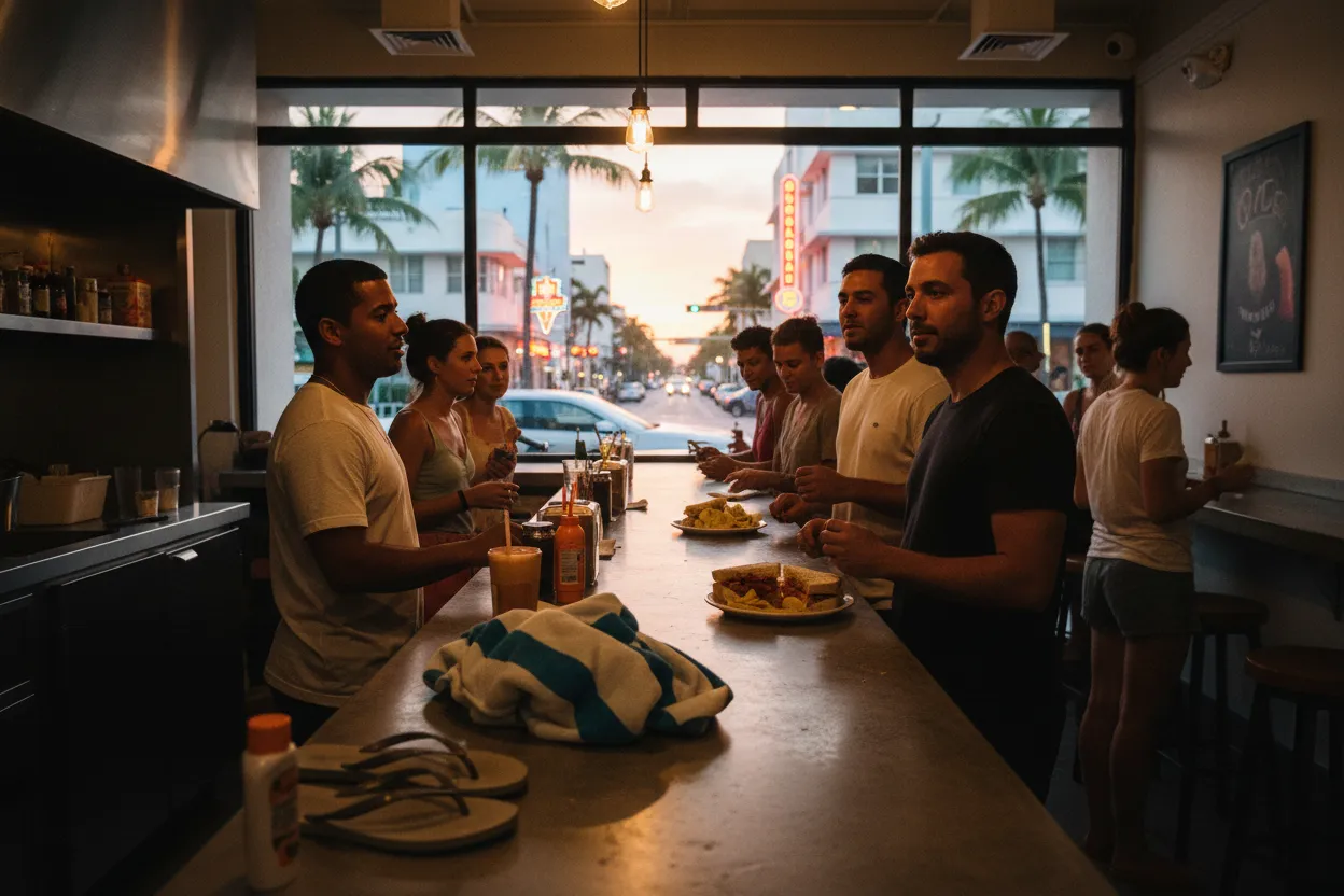 Realistic Miami scene for Miami Food Open Near Me After Beach Days