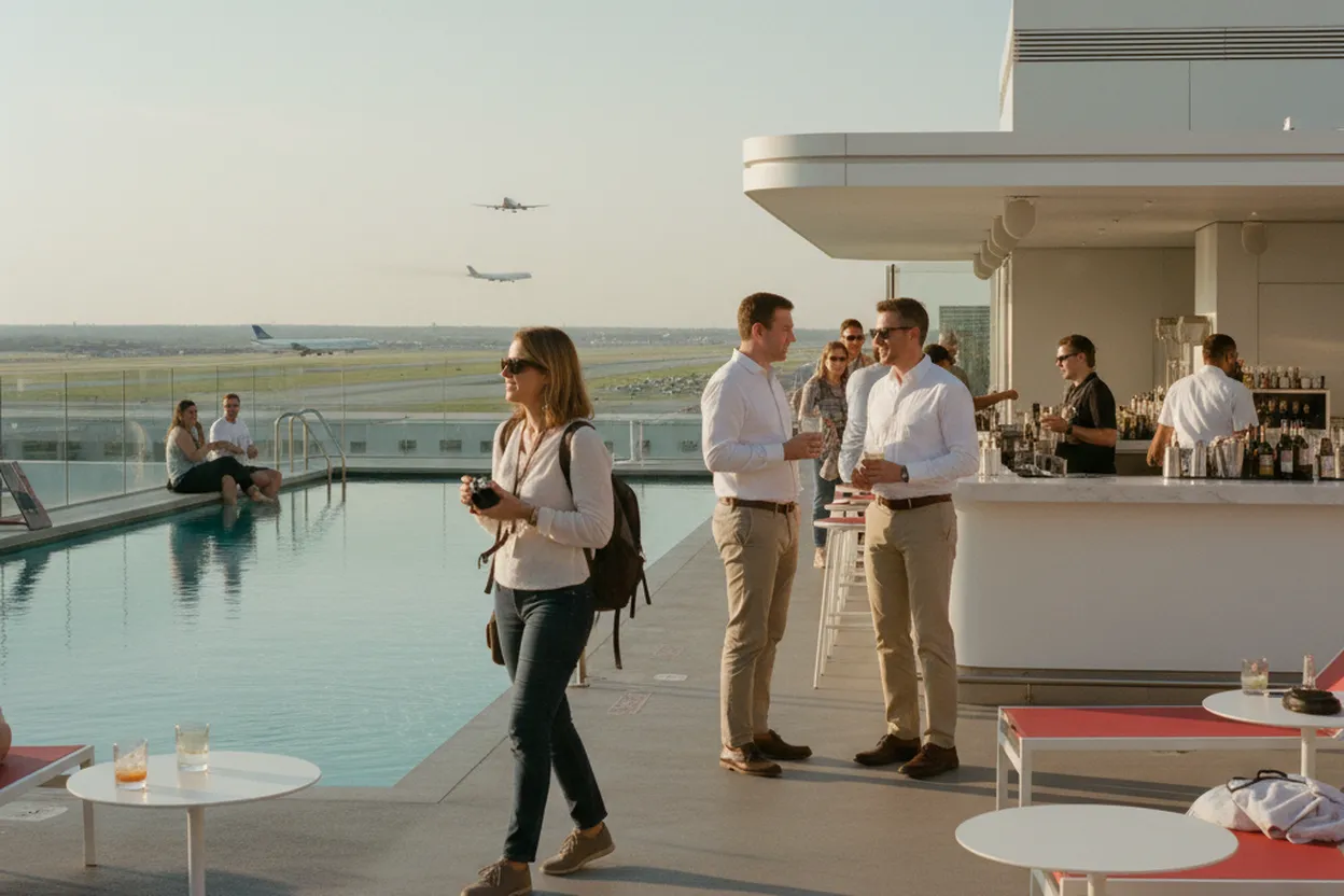 NYC experience scene for The TWA Hotel Pool Bar for a Plane-Spotting Night Before a Red-Eye