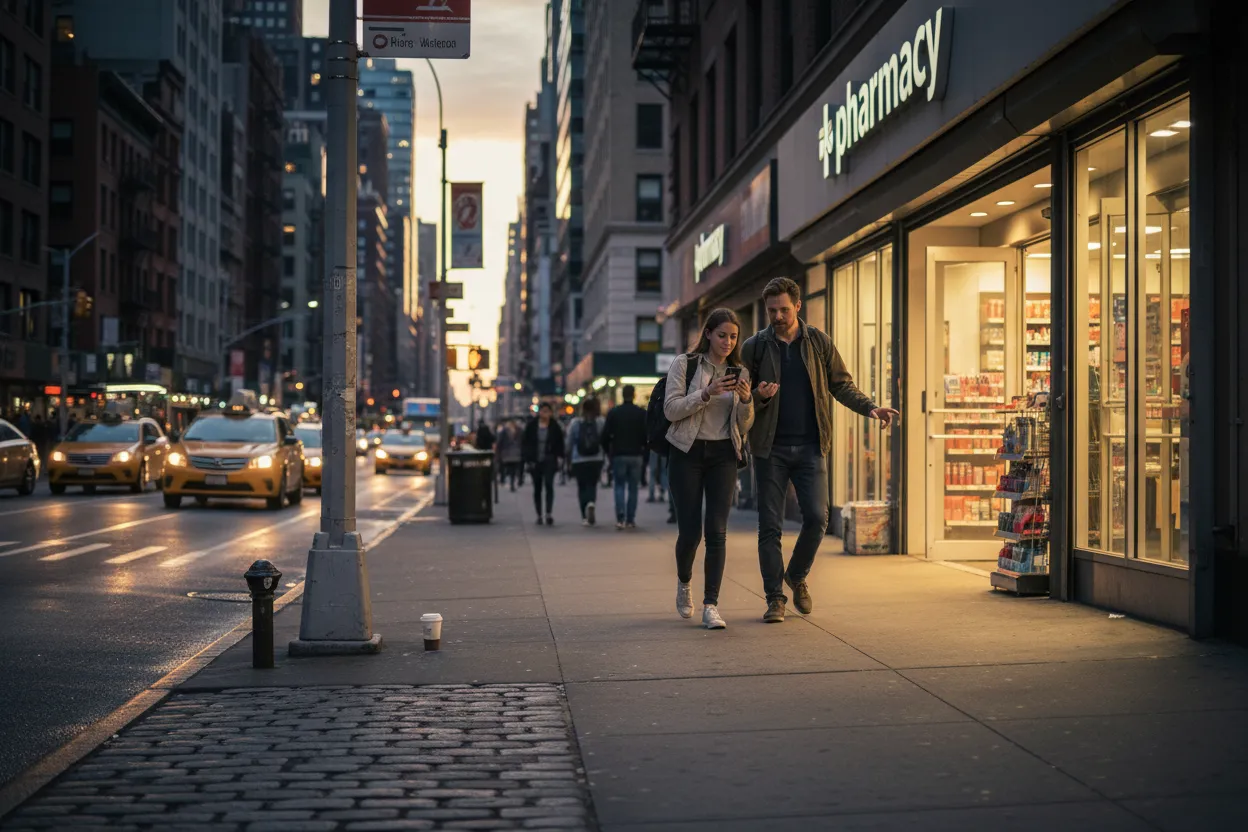 Practical city scene for NYC Walgreens Guide for Travel Essentials and Late Errands