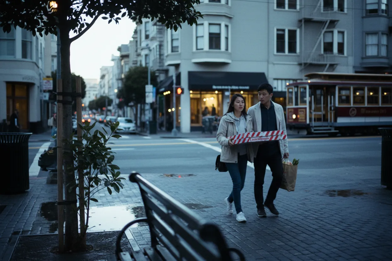 Practical city scene for SF Pizza Near Me for Group Delivery Nights