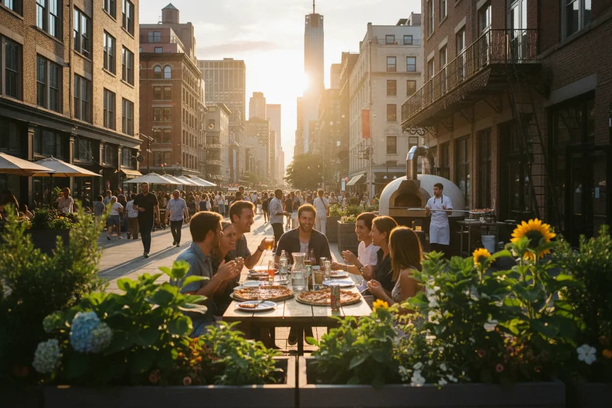 Realistic NYC scene for Best Pizza in NYC for Late Summer Group Dinners