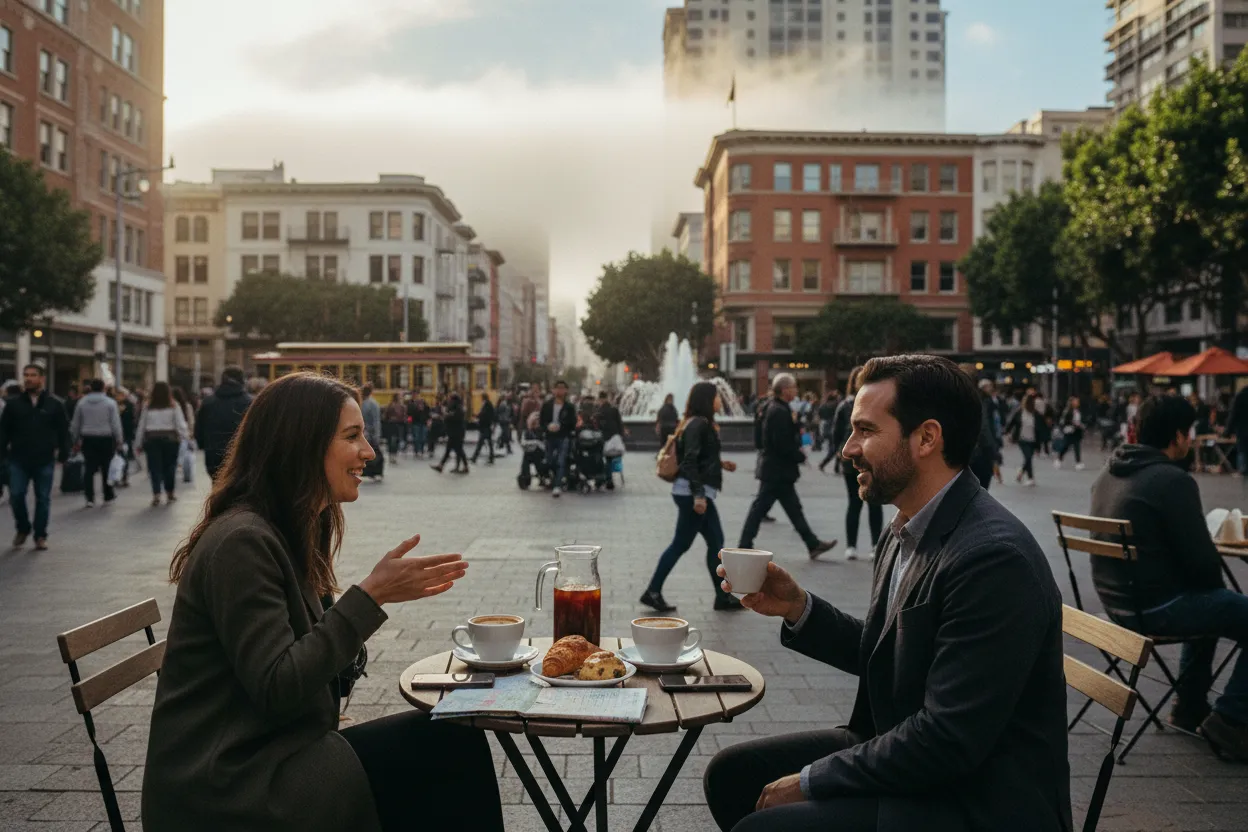 Realistic San Francisco scene for San Francisco Coffee Shop Guide for Meeting Friends Outside Work