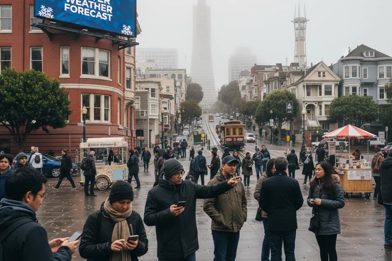 Realistic city scene for us 2026 winter weather forecast: A San Francisco Coffee and Dessert Route