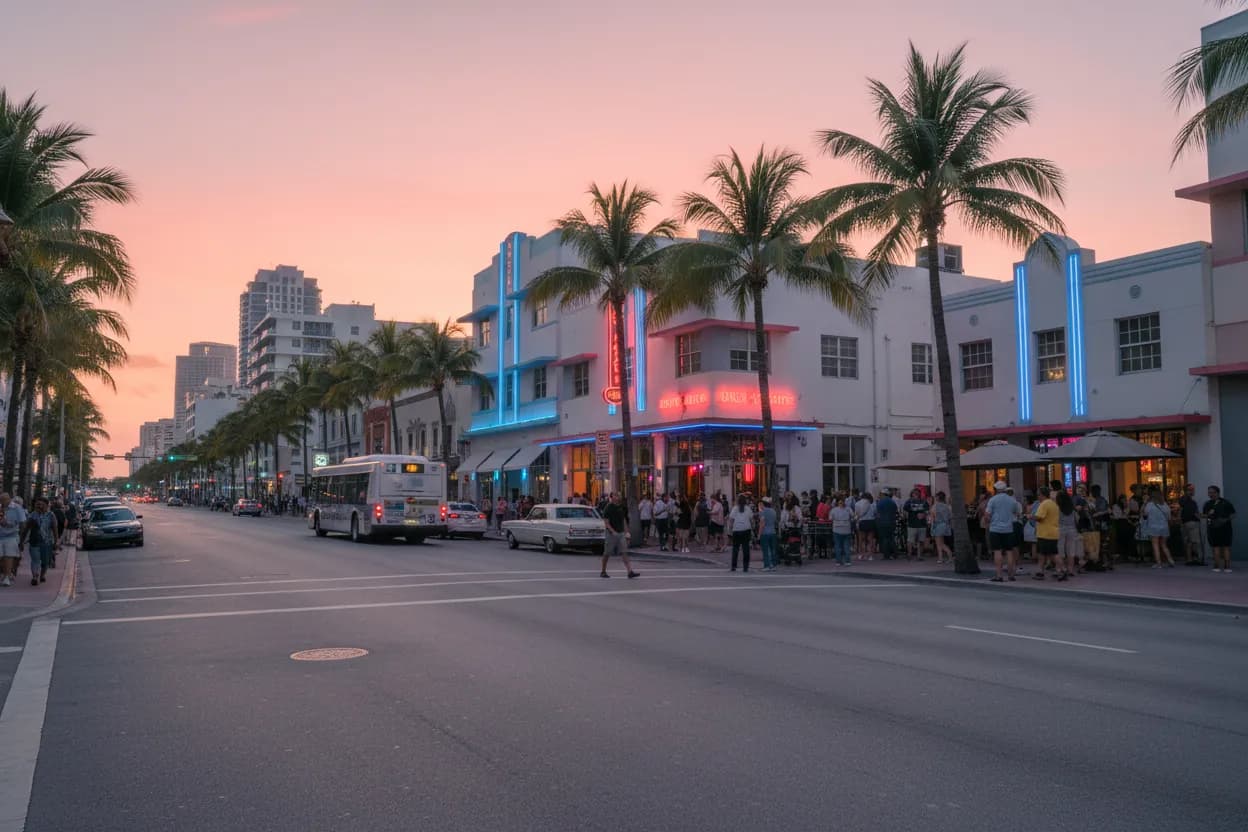 Realistic city scene for stockard channing: A Two-Stop Miami Nightlife Route