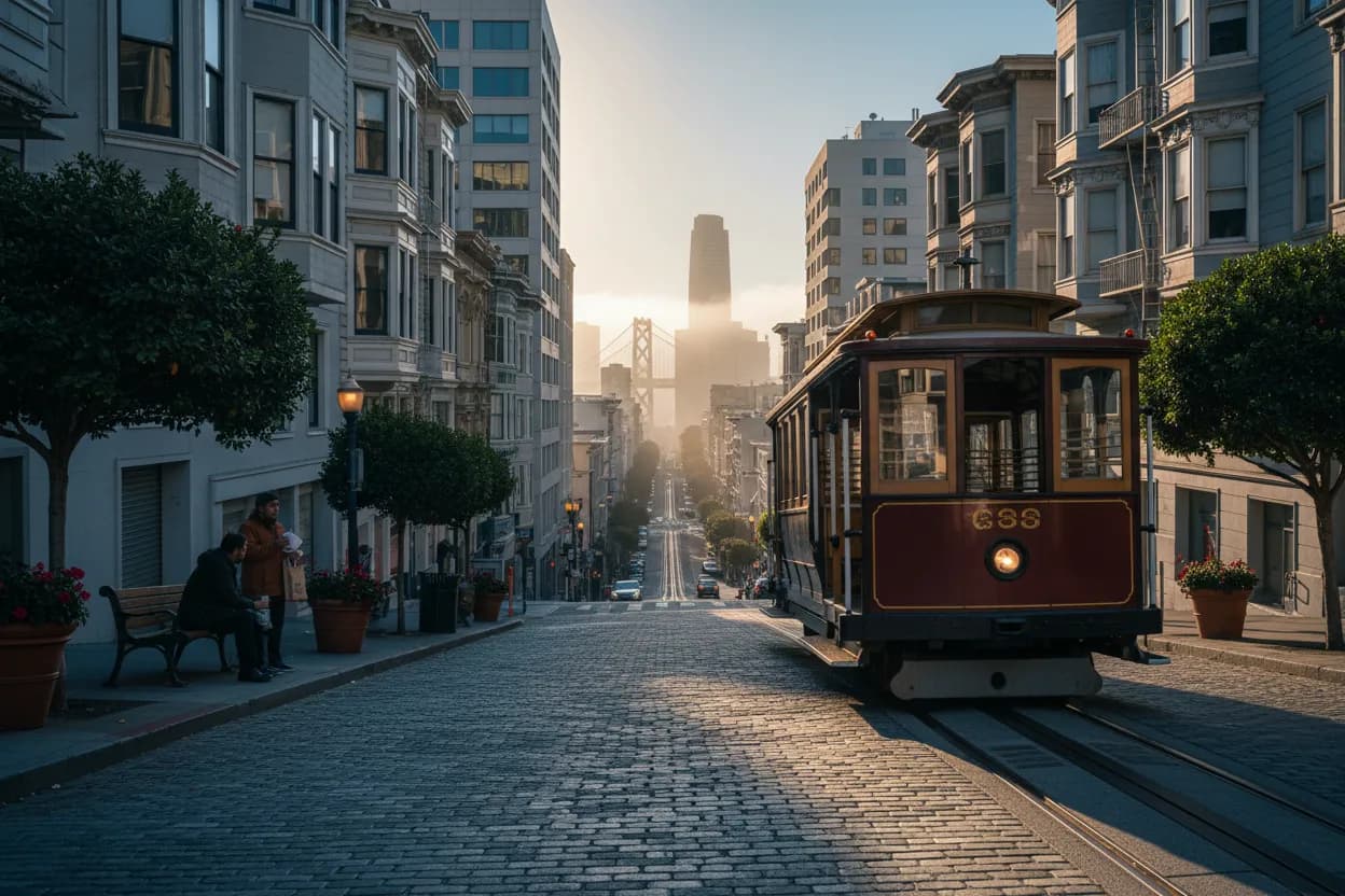 Realistic city scene for reacher season 4: A San Francisco Coffee and Dessert Route