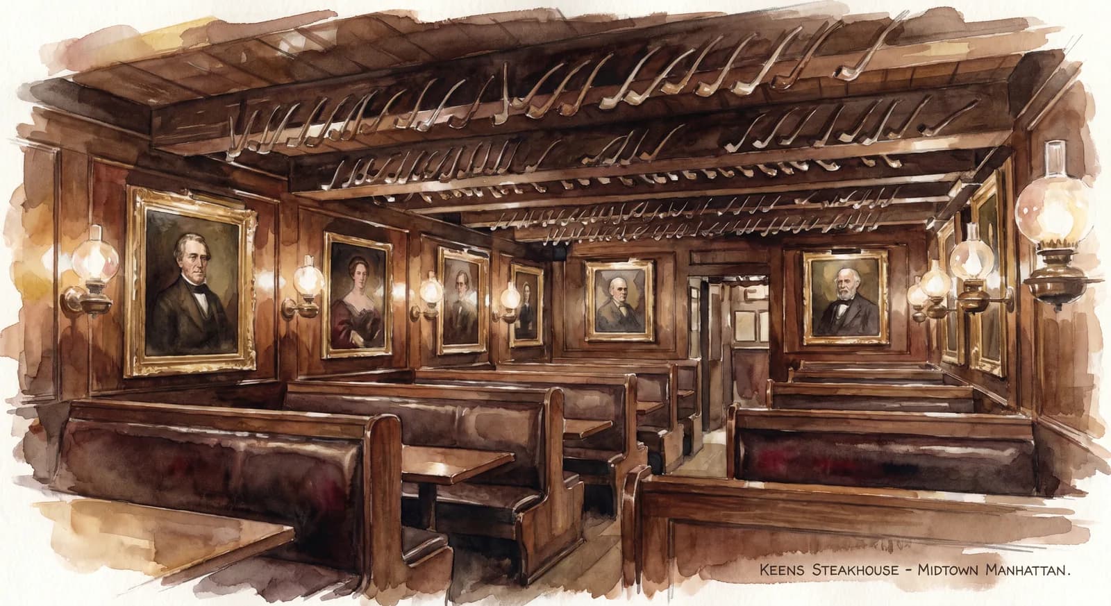 AI-generated watercolor: the dim wood-panelled interior of Keens Steakhouse Midtown Manhattan, low ceilings covered with thousands of long clay churchwarden pipes, vintage oil portraits on the walls, leather banquettes