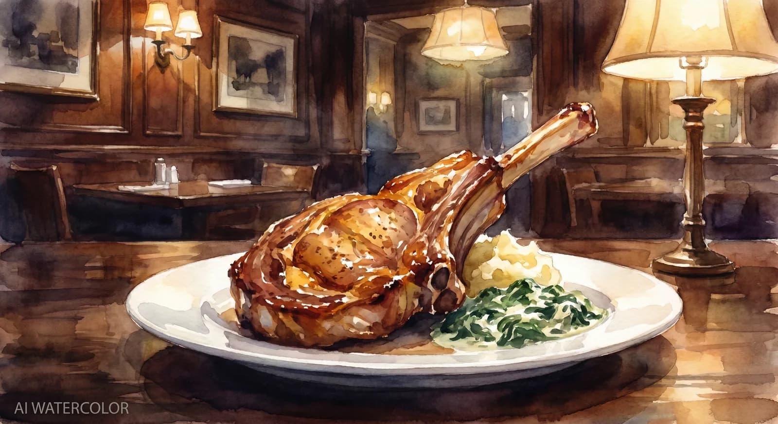 AI-generated watercolor: a giant golden-brown roasted mutton chop on a white plate at Keens Steakhouse, mashed potatoes and creamed spinach on the side
